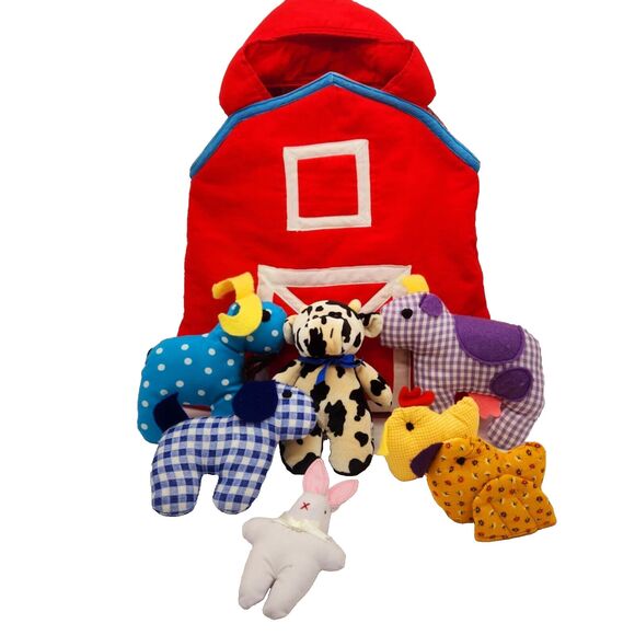Handmade Barn Barnyard Cloth Fabric Bag With 7 Stuffed Animals Kids Pretend Play - Picture 1 of 10
